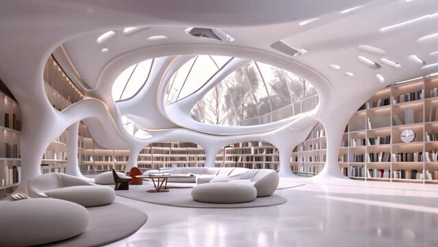 A large futuristic library room filled with numerous bookshelves and plush couches, creating a cozy reading and relaxing space.