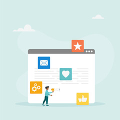 Web digital marketing concept. A male marketer attracts clients, conducts an advertising campaign on social networks.  Vector illustration.
