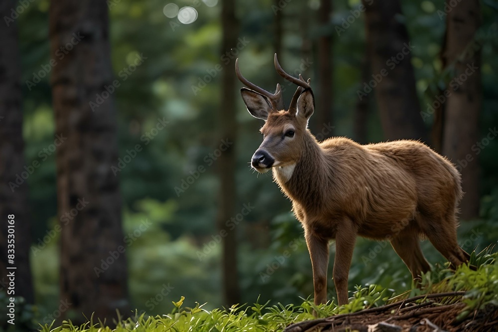 Canvas Prints Deer grazing on grass in a forest, perched on a fallen tree, AI-generated.