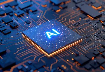 Motherboard or circuit board with processor, text written AI, concept of future technology and artificial intelligence