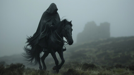 Obraz premium A man in a cloak rides a horse through a foggy field. The scene is mysterious and eerie, with the man's hooded cloak adding to the sense of foreboding. The horse is galloping through the grass