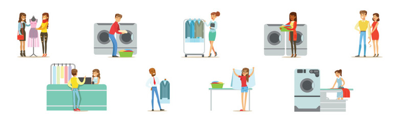 Laundry Service with Man and Woman Character Doing Clothes Washing Vector Set
