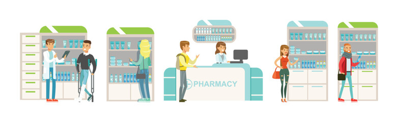 Smiling People Character at Pharmacy Store Choosing and Buying Drugs Vector Set