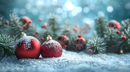 Obraz premium Red Christmas balls with fir branches