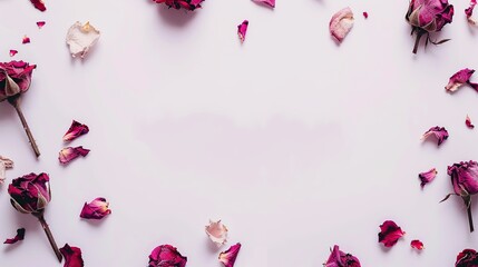 Flowers composition. Frame made of dried rose flowers on white background. Generative Ai