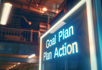 Neon led sign in business office reading goal, action, plan. 