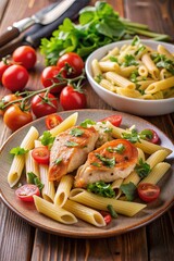 Chicken pieces plate served salad fries healthy diet sauce appetizing presentation
