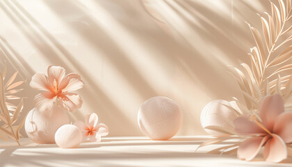 "Chic Modern Arrangement of Flowers and Geometric Shapes in Subtle Lighting"