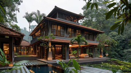 Obraz premium Traditional Architecture: Featuring traditional Kerala architecture with sloping roof tiles and intricately carved wooden details, the mountain house seamlessly blends with its natural surroundings 
