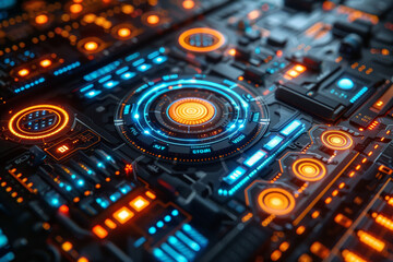 Fototapeta premium Abstract background with digital high-tech control panel and glowing neon indicator lights. Concept of cyber data processing, technological, engineering process