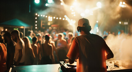 people dancing in front of a DJ booth