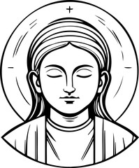 black vector line art, religious person, long hair, female believer, spiritual woman