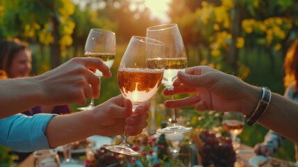 Friends Toasting at a Lively Summer Winery Picnic 