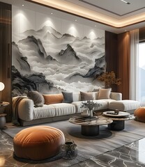 Chinese style landscape painting living room background wall