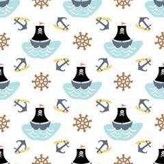 Seamless pirates illustration pattern. Sea background  with steering wheel, anchor and pirate ship. Children's pirate themed wallpaper. Perfect for textile, wrapping, wallpaper, stationary, packaging.