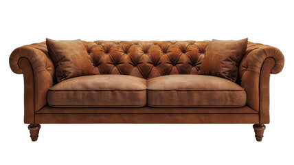 Fototapeta premium Classic Brown Sofa with Plush Cushions Comfortable and Timeless Living Room Furniture cut out transparent isolated on white background PNG file