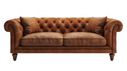 Classic Brown Sofa with Plush Cushions Comfortable and Timeless Living Room Furniture cut out transparent isolated on white background PNG file