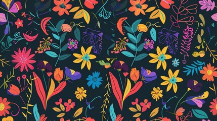 Wild blooms flat design top view wild theme animation vivid. Seamless Pattern, Fabric Pattern.