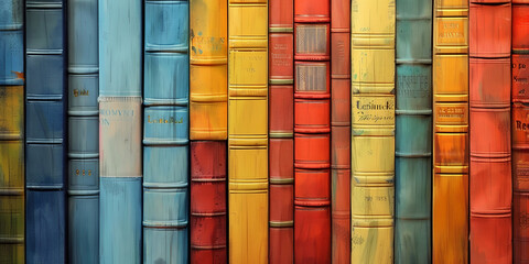 Colorful vintage books stacked in an orderly fashion creating a vibrant and eclectic pattern with a nostalgic charm
