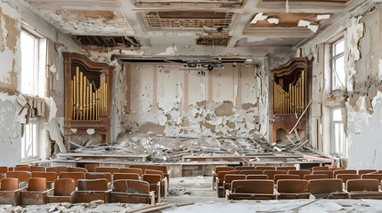 An auditorium at a music school destroyed during hostilities isolated on white background, studio photography, png
