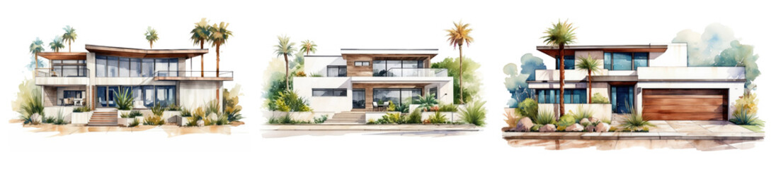 Fototapeta premium Watercolor illustration of a modern house set