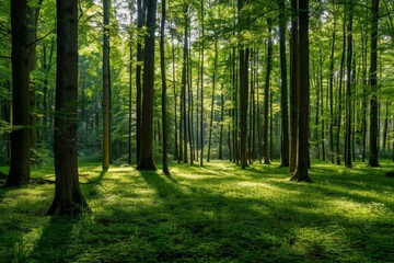 A forest with trees and grass