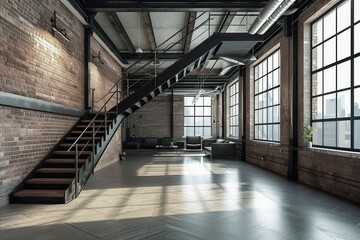 Fototapeta premium a spacious industrial-style loft with high ceilings, large windows, exposed brick, and a metal staircase