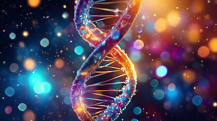 Abstract DNA structure made of colorful bubbles and particles on soft pastel background. Composition with microscopic perspective. Backlight, soft focus.