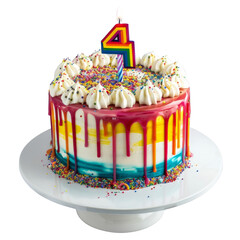 Vibrant Kids Rainbow Birthday Cake with Number 4 Candle cut out transparent isolated on white background PNG file