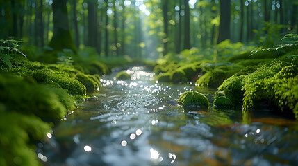 Fototapeta premium A lush nature forest with a crystal-clear stream flowing through it, sunlight sparkling on the water