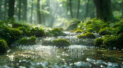 A lush nature rainforest with a crystal-clear stream flowing through it, sunlight sparkling on the water
