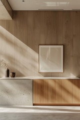 Minimal modern interior, minimalist interior living room using wood and cement materials, clean wall with living room cabinet and picture frame, clean shadow created by natural light
