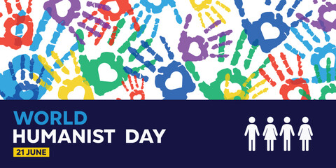 World Humanist Day. Hand, heart and people icon. Great for cards, banners, posters, social media and more. Blue and white background.