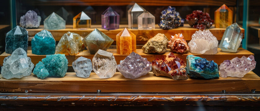 Assorted gemstones in a display case