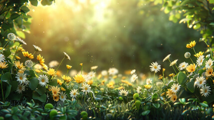 Obraz premium Dawn breaks over a picturesque summer scene, adorned with yellow and white daisies, clovers, and dandelions in the lush grass