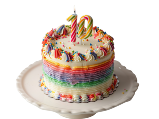 Vibrant Kids Rainbow Birthday Cake with Number 10 Candle cut out transparent isolated on white background PNG file
