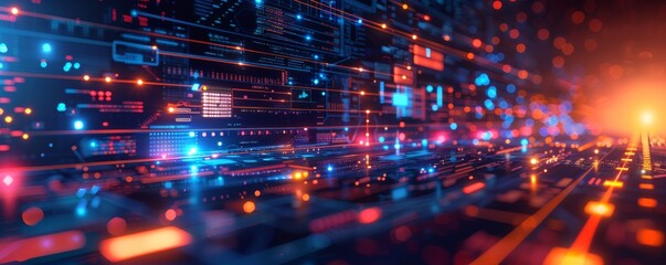 Obraz premium Futuristic server room with glowing lights and high-tech data processing