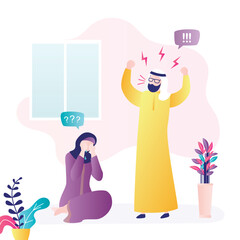Violence in muslim family. Husband scream his wife. Arab man abuser and crying woman. Depression, stress and divorce. Relationship family conflict. Room interior.