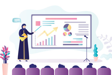 Presentation or financial literacy course. Arabic woman, business trainer talking about proper personal budgeting. Calculation of income and expenses, money management.