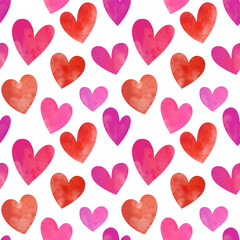 hand drawn watercolor seamless vector pattern, red and pink colored hearts on a transparent background