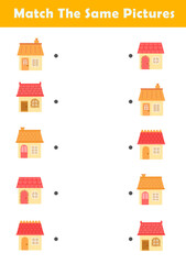Picture Matching Worksheet for Preschool. Educational activity with cute house illustration. Educational fun game for children.