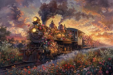 A Victorianstyle steam locomotive decorated with climbing vines and vibrant flowers, chugging along a countryside track under a twilight sky Watercolor, Warm tones, Gentle gradients