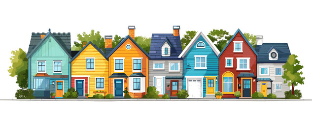 A row of colorful houses in a vibrant suburban area with trees in the background. Flat vector illustration.