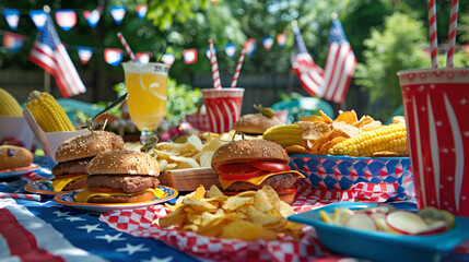 Fototapeta premium A delicious cheeseburger and french fries on a table at a Fourth of July barbecue. family gathered in the background, enjoying the festive atmosphere. 