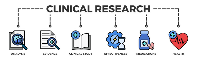 Fototapeta premium Clinical research banner web icon vector illustration concept with icon of analysis, evidence, clinical study, effectiveness, medications and health
