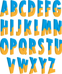 Blue yellow font, complete alphabet. Collection of letters in cartoon style. The fonts are voluminous. Vector illustration

