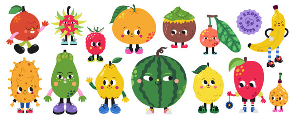 Cute cartoon exotic and tropical fruits illustrations vector set. Part two.