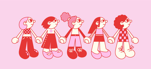 Cartoon young women (girls) holding hands vector horizontal illustration.
