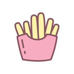 Cute french fries icon. Hand drawn illustration of fried potato sticks in a red paper box isolated on a white background. Vector 10 EPS.

