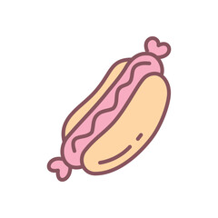 Cute hot dog icon. Hand drawn illustration of a fast food dish with bread and sausage isolated on a white background. Kawaii sticker. Vector 10 EPS.
